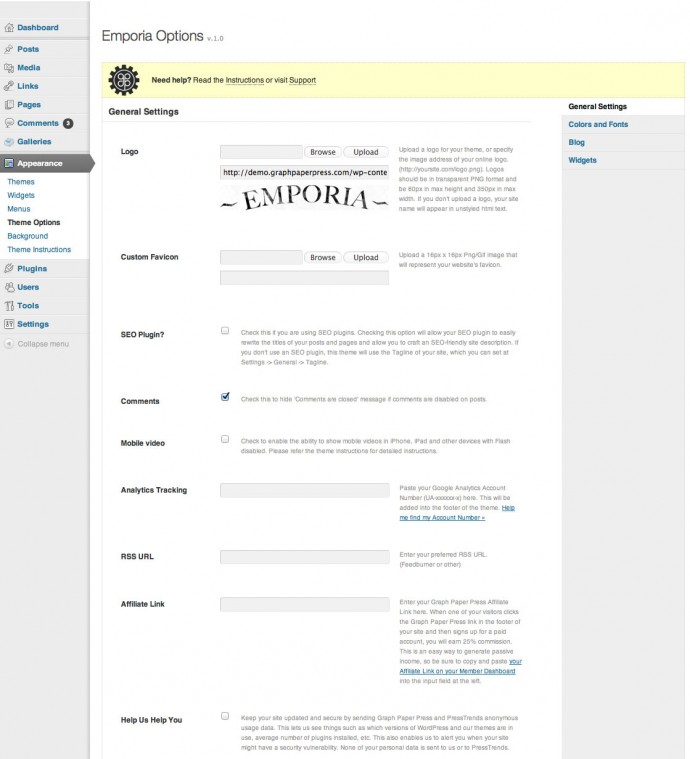 Emporia WordPress theme options page