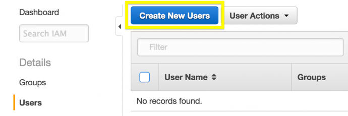 The Create New User button in the AWS dashboard.