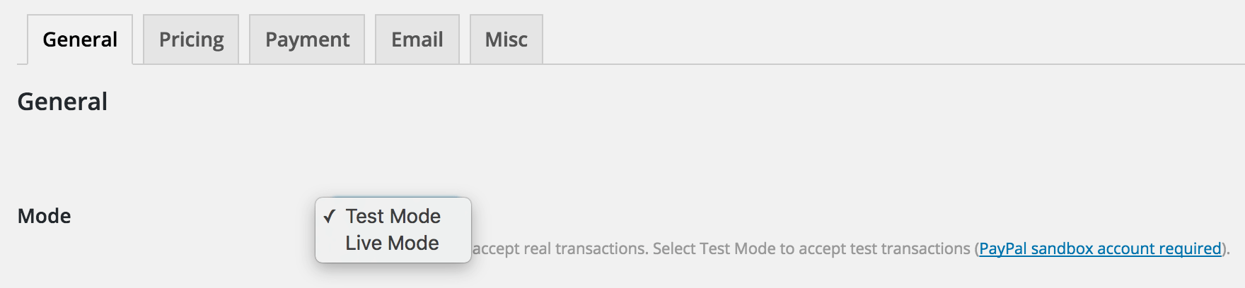 The Test Mode settings of the Sell Media plugin.