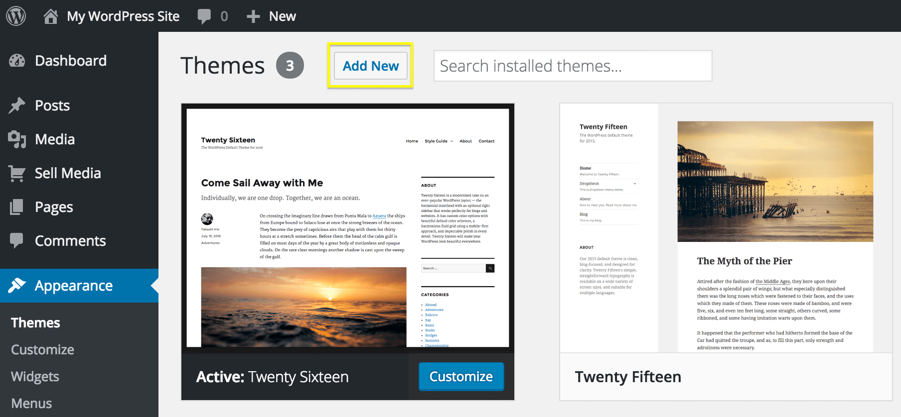 The Add New theme button.