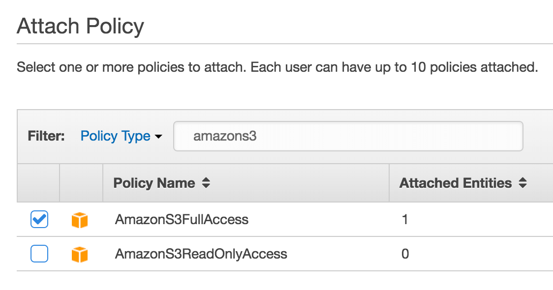 Selecting permission in the Attach Policy screen of Amazon S3.