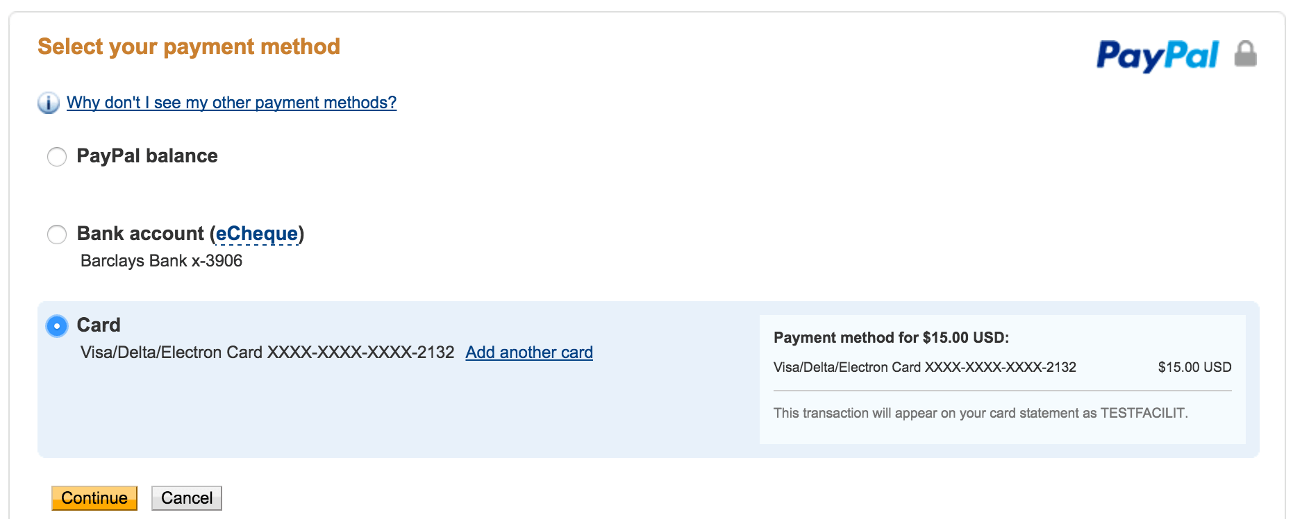 The Payment Selection screen in PayPal.