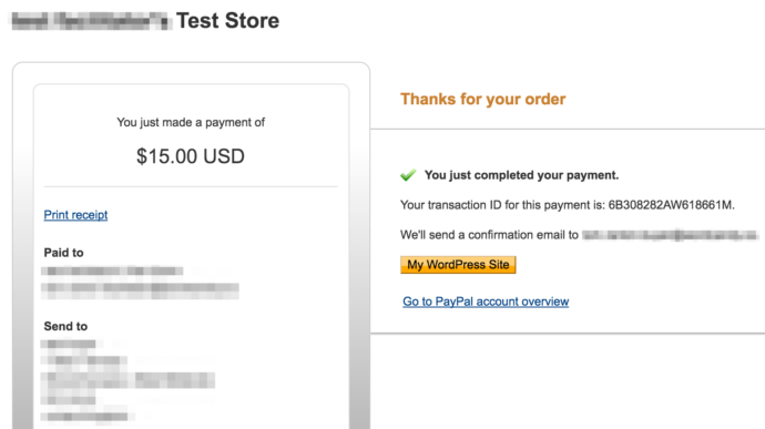 The PayPal Completed Transaction screen.