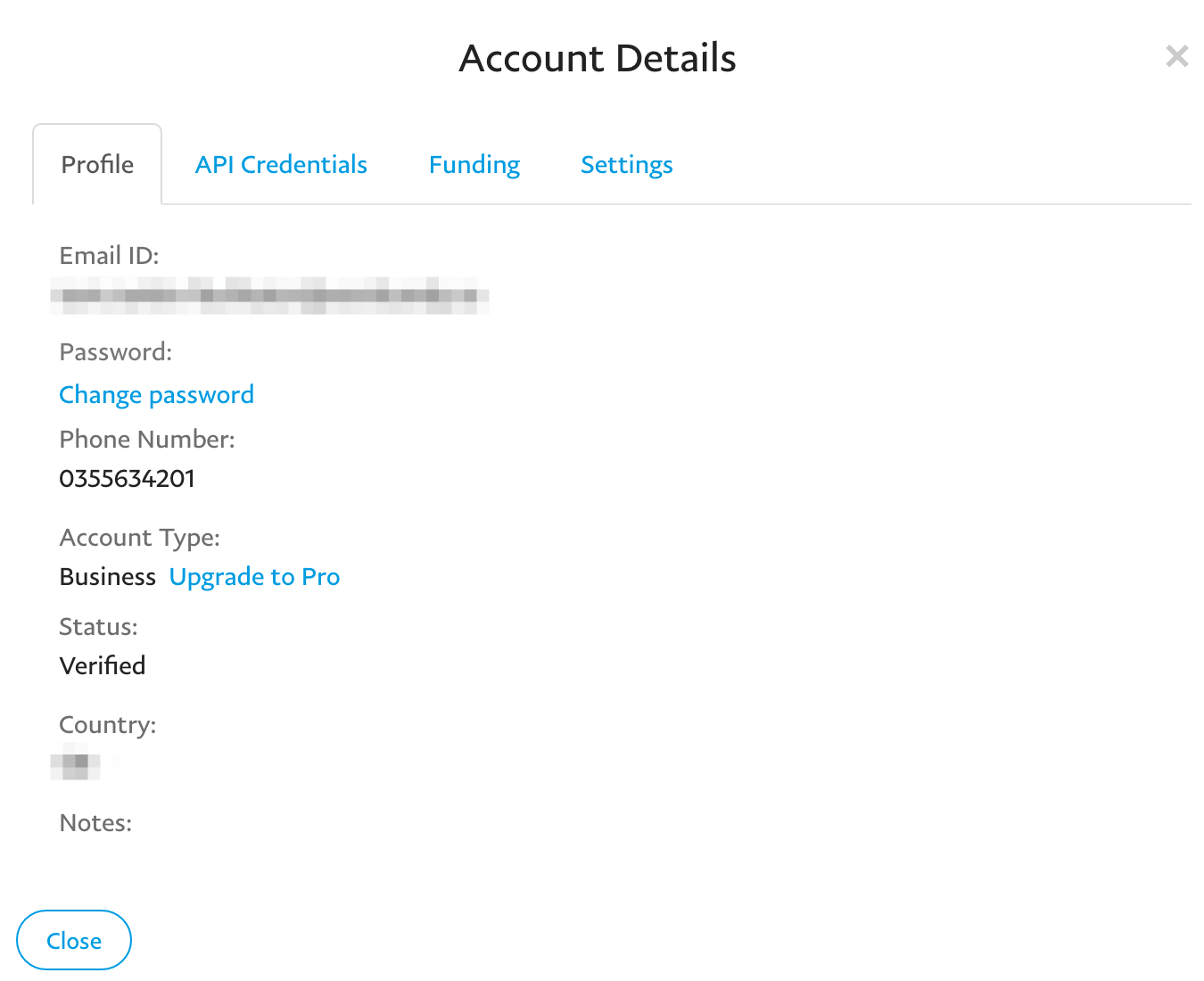 The Account Details modal popup.