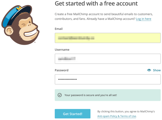 The MailChimp account creation screen.