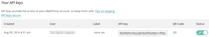 The API Keys displayed in MailChimp.