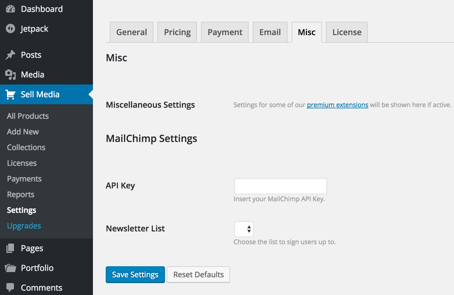 The MailChimp extension settings page.