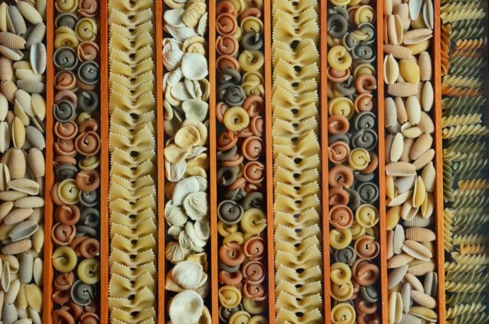 Different kinds of pasta, sorted and separated.