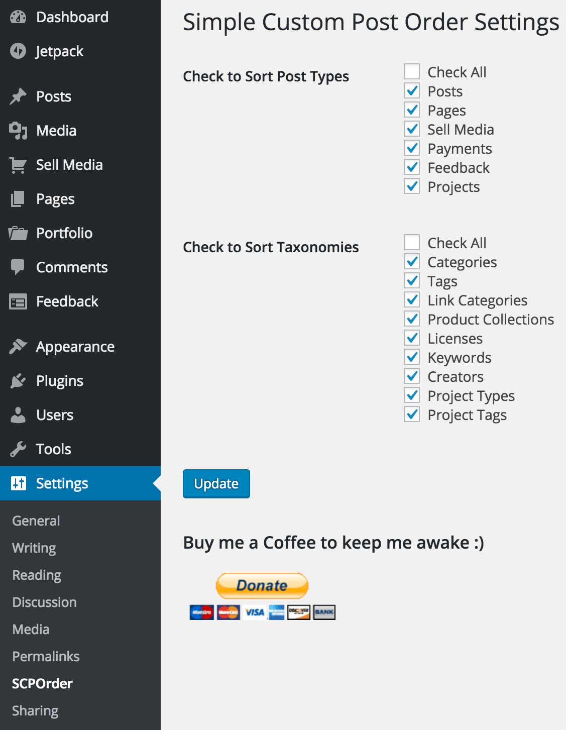 The Simple Custom Post Order settings page.