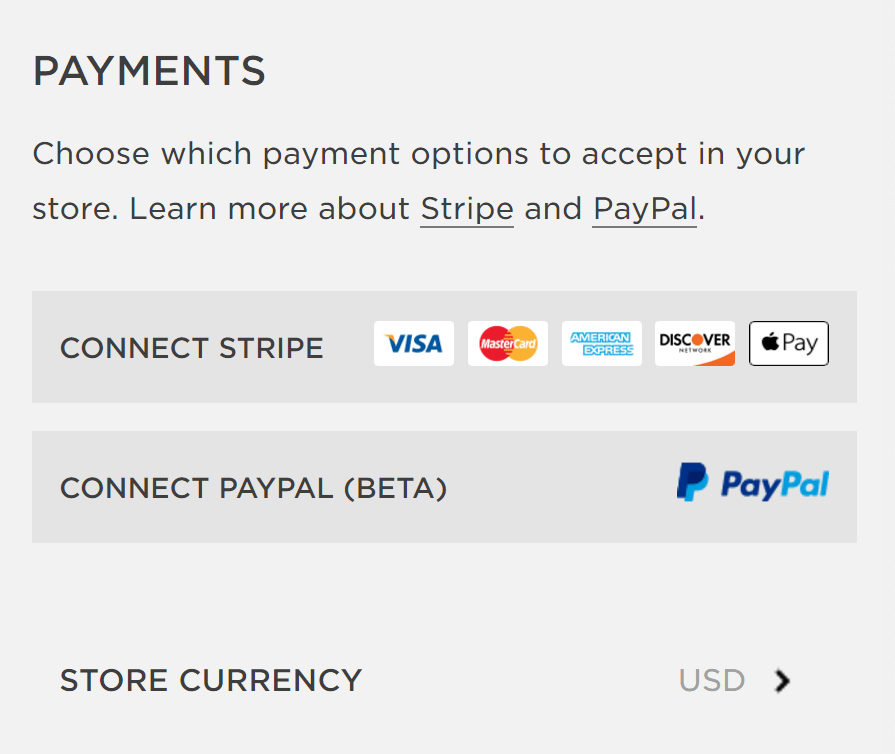 Squarespace's payment options.